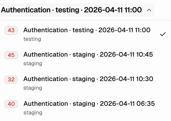 Audit history dropdown listing past audits with score badge, audit name, branch, timestamp, and pagination controls