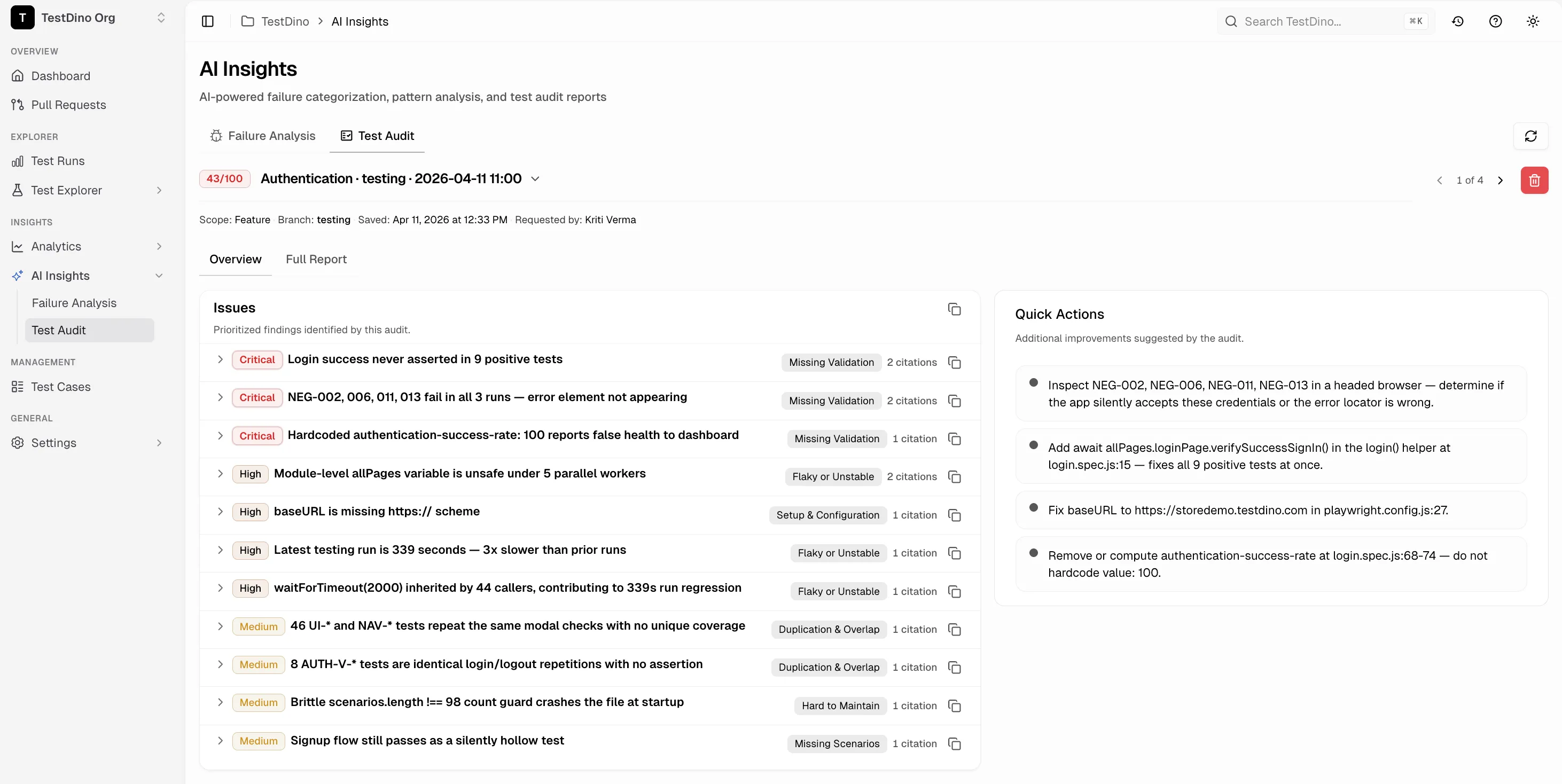 Test Audit tab showing score badge, audit metadata, Overview tab with Issues list and Quick Actions sidebar