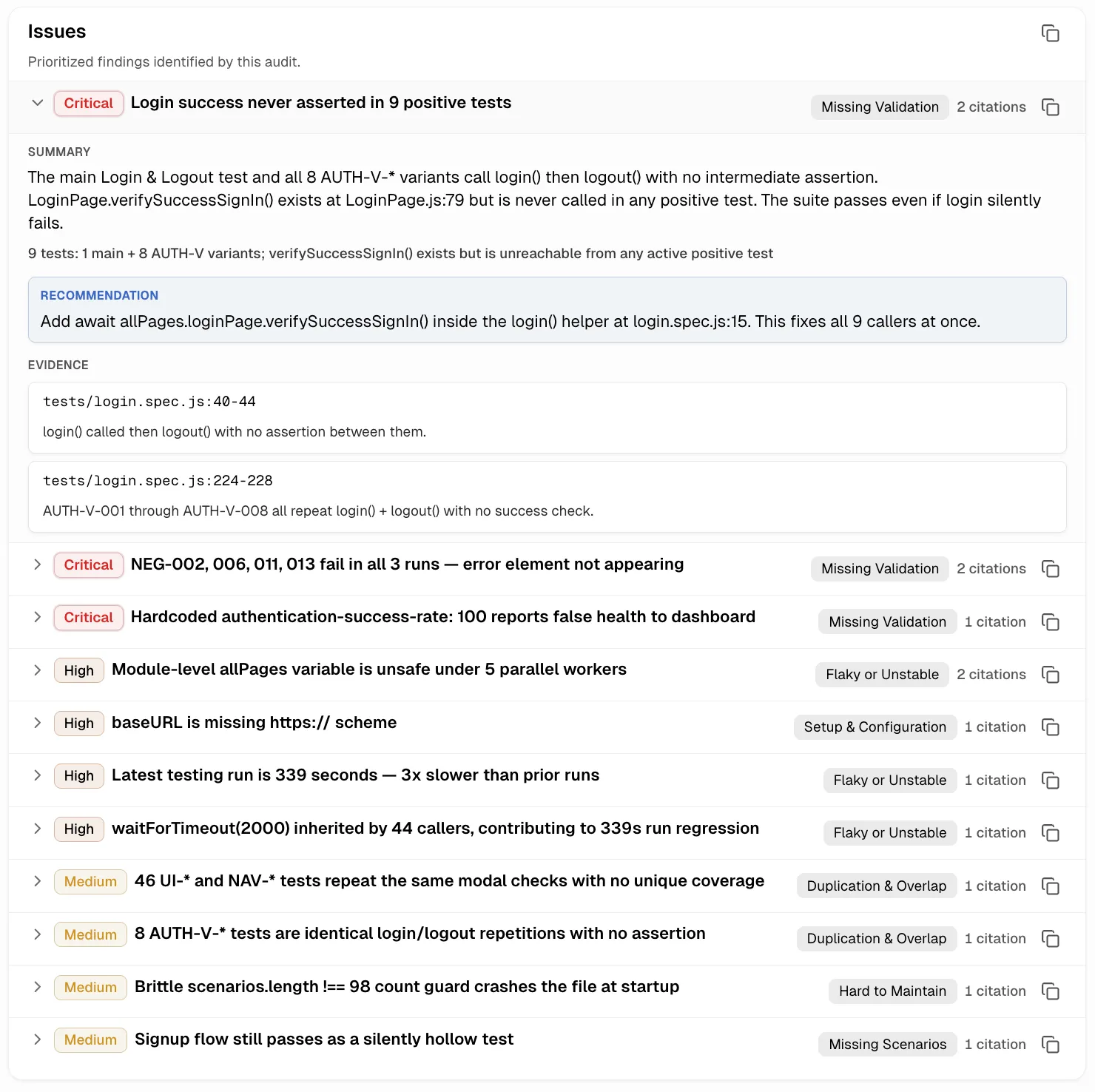 Expanded Issue card showing severity badge, title, category, citation count, Summary, Recommendation, and Evidence with file:line references