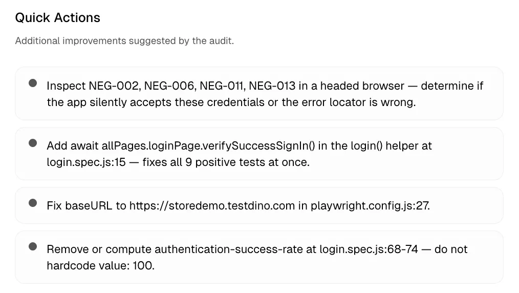 Quick Actions sidebar listing lightweight improvement suggestions with file:line references