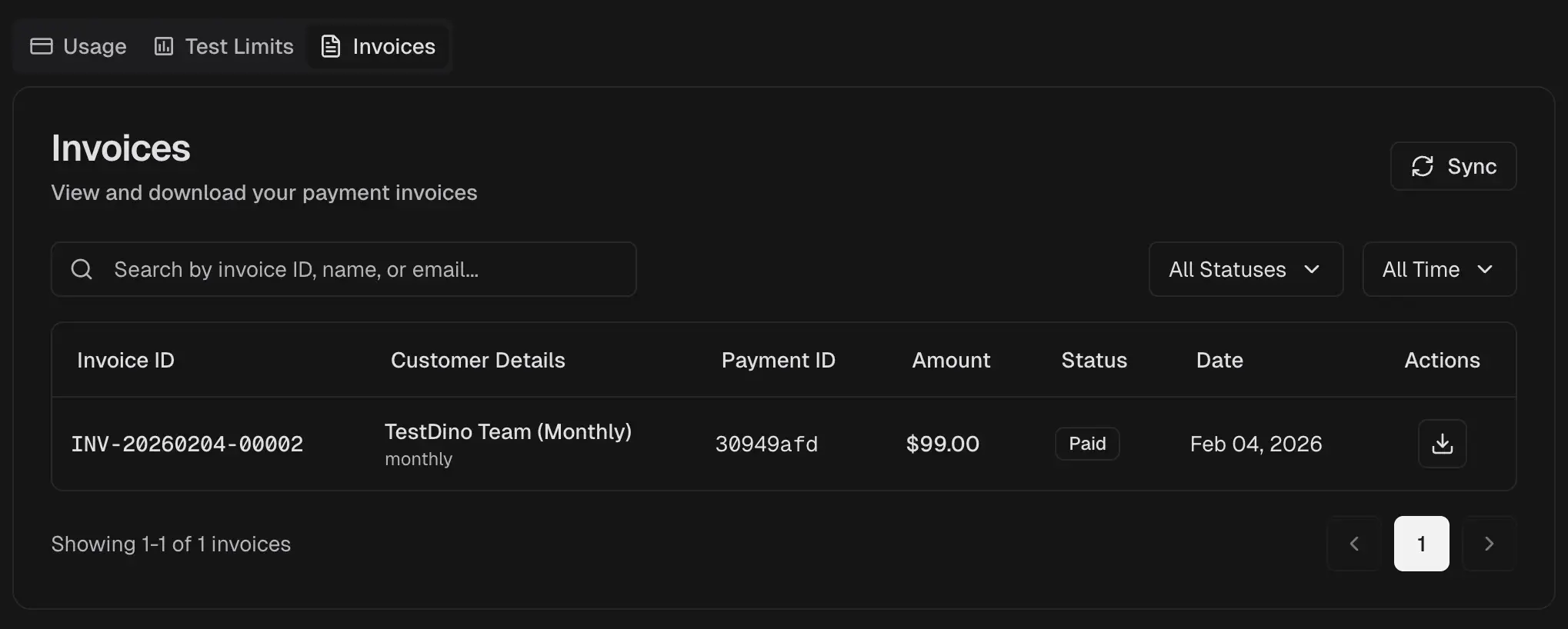 Invoices tab showing invoice list with status, amount, and download actions