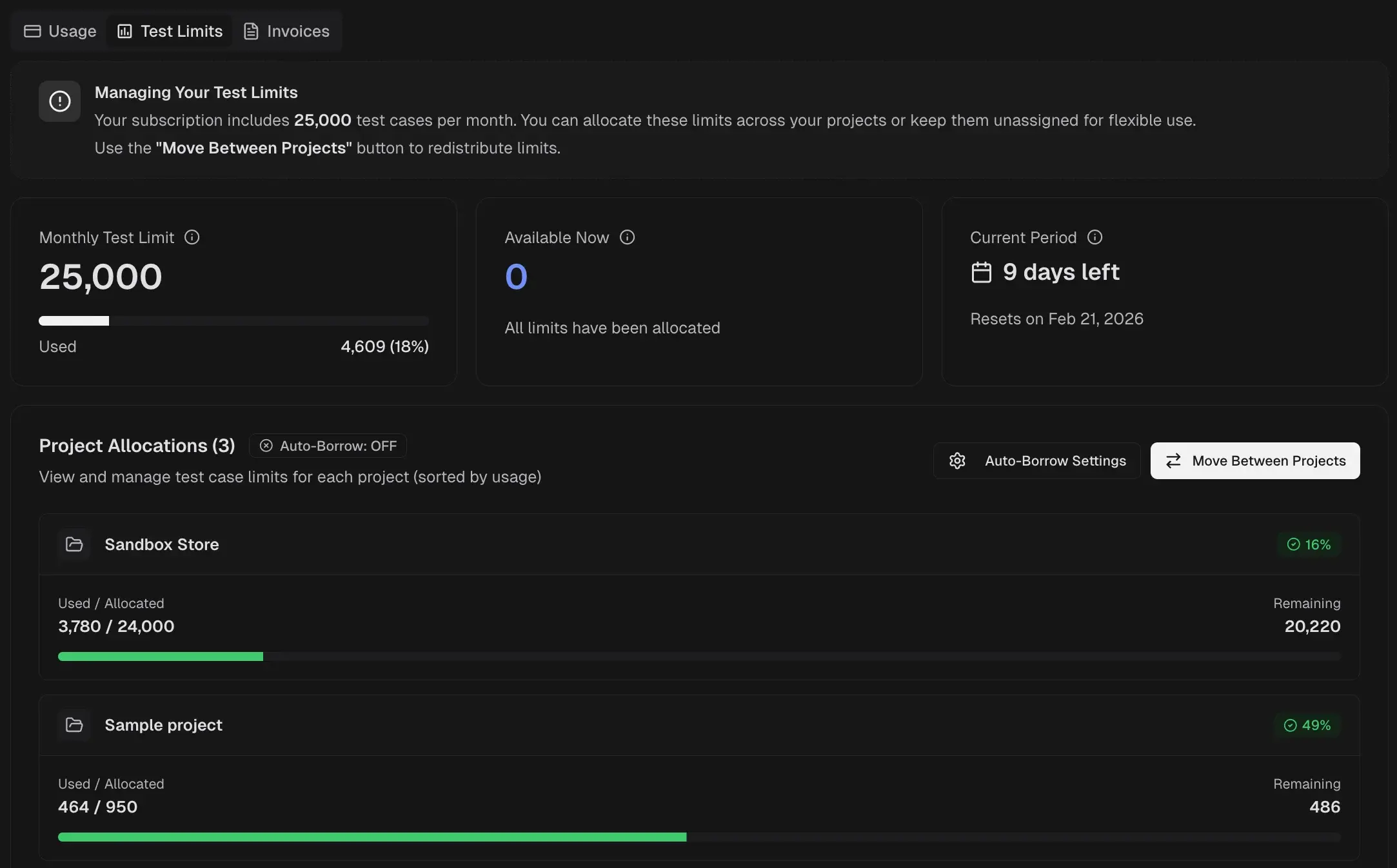 Test Limits tab showing monthly quota, available executions, project allocations, and auto-borrow controls