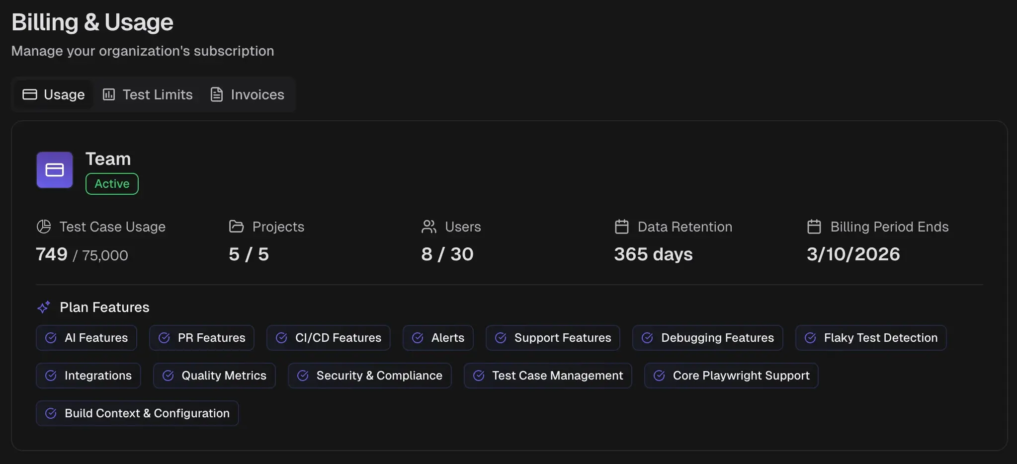 Usage tab showing subscription plan, test case usage, projects, users, and plan features