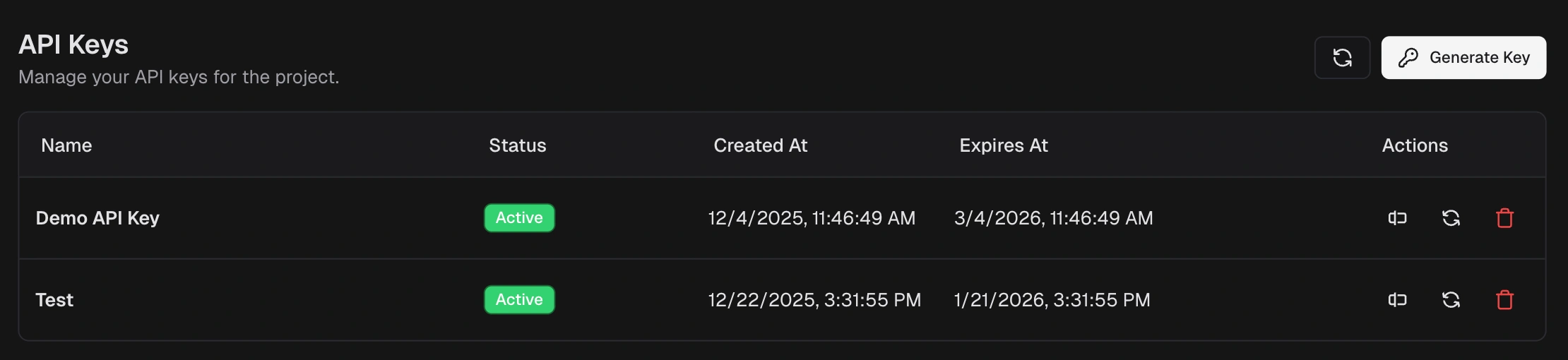 API Keys management interface showing key list and generate button