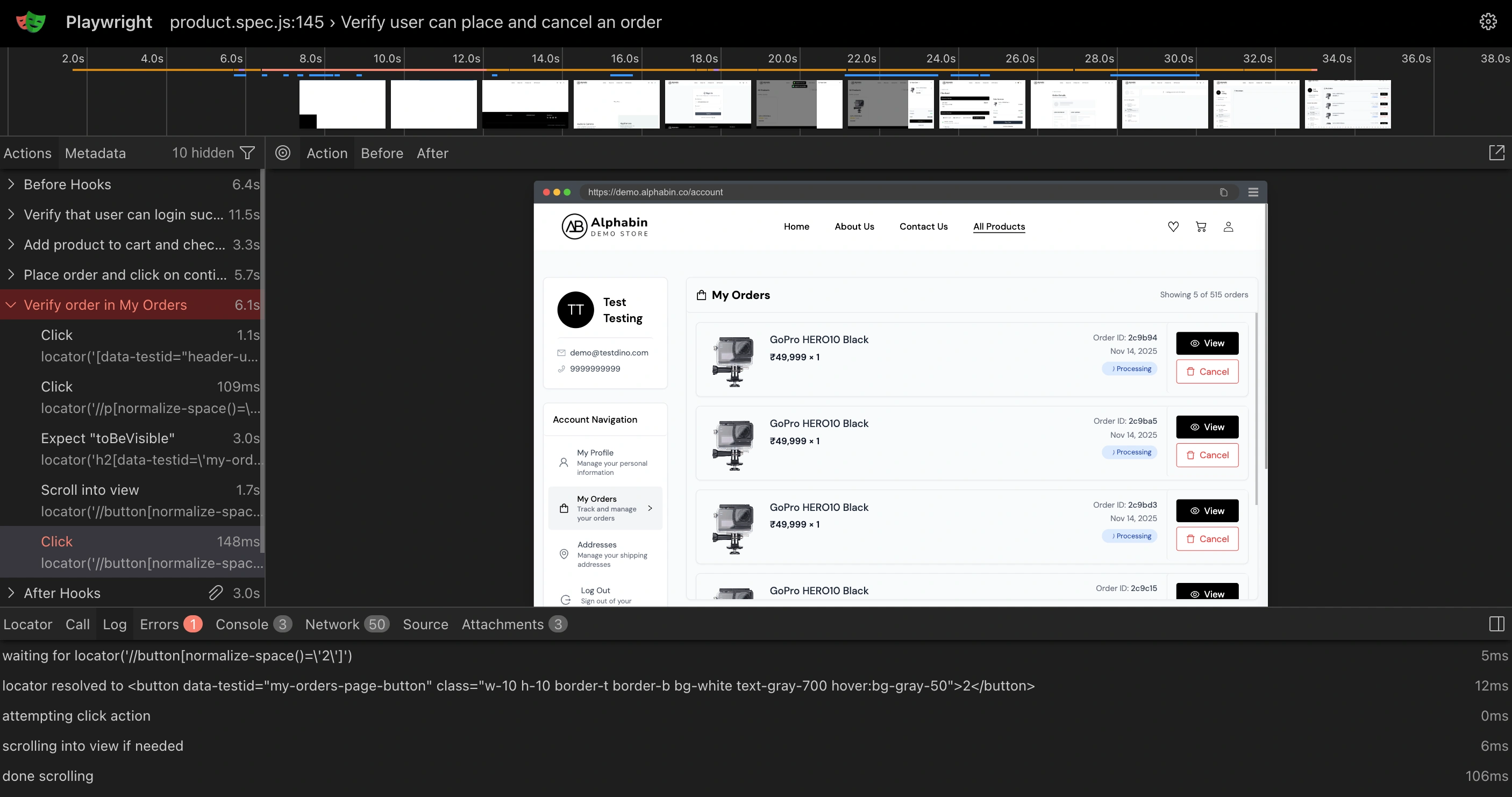 Playwright Trace Viewer showing timeline, actions, network, and DOM panels