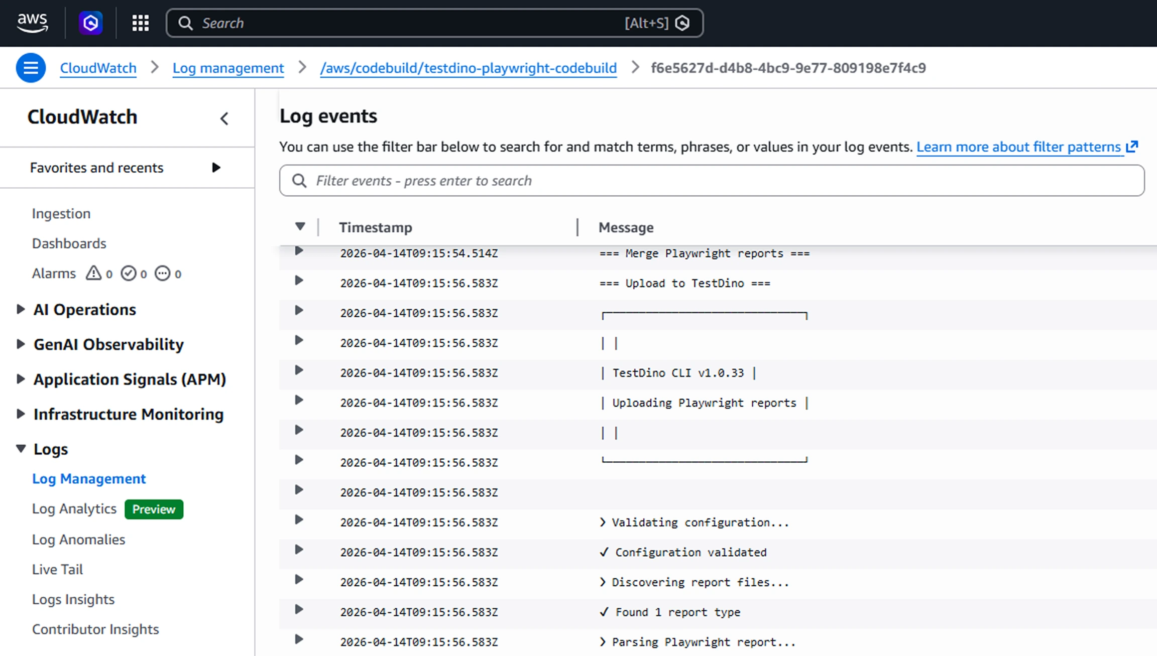 AWS CloudWatch log events showing TestDino CLI upload output with configuration validation, file discovery, and Playwright report parsing steps