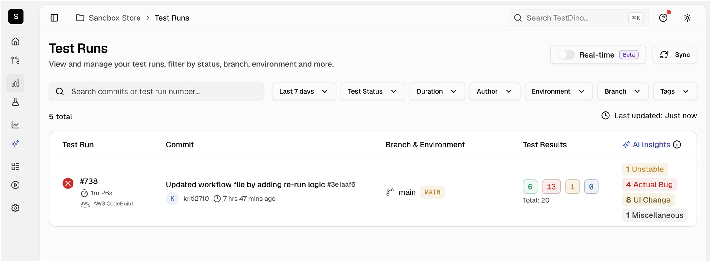 TestDino Test Runs dashboard showing uploaded results from AWS CodeBuild with pass/fail counts and AI Insights