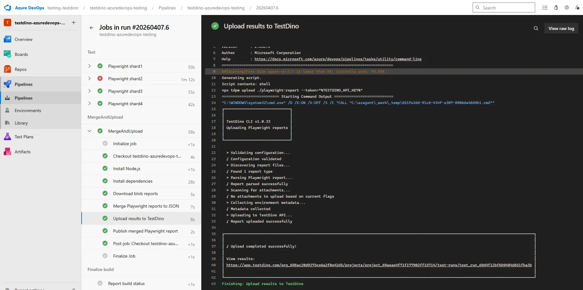 Azure DevOps pipeline execution view showing 4 Playwright shard jobs and MergeAndUpload stage