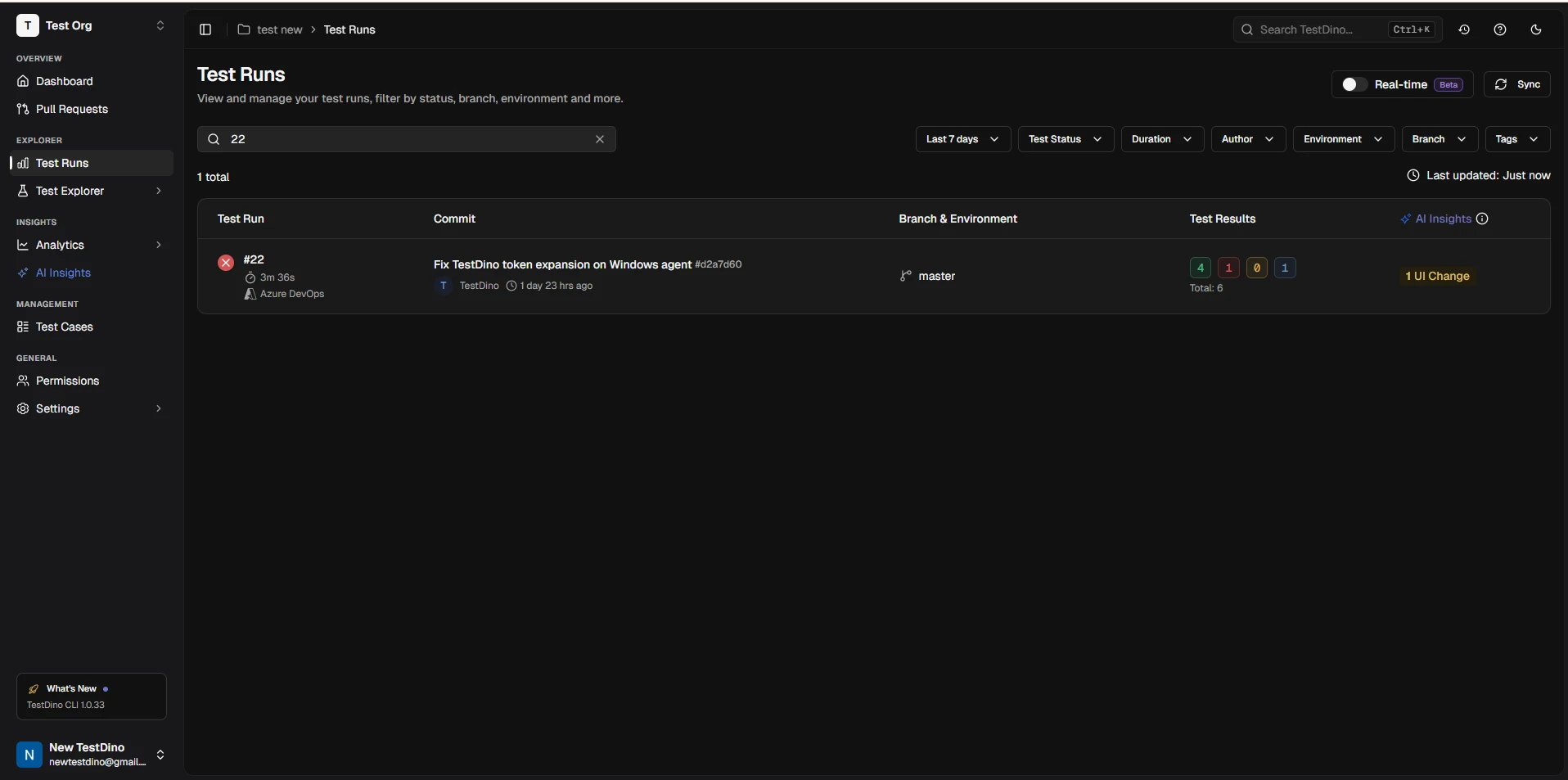 TestDino test run screen showing uploaded results from Azure DevOps pipeline with pass/fail counts and failure details
