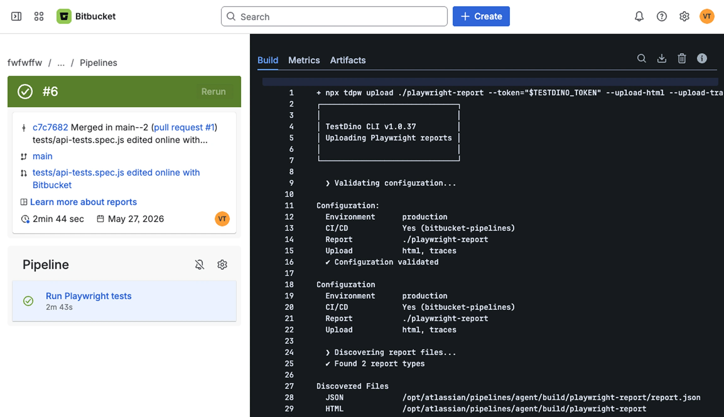 Bitbucket Pipelines build view showing the merge-and-upload step log with TestDino CLI configuration output and discovered report files