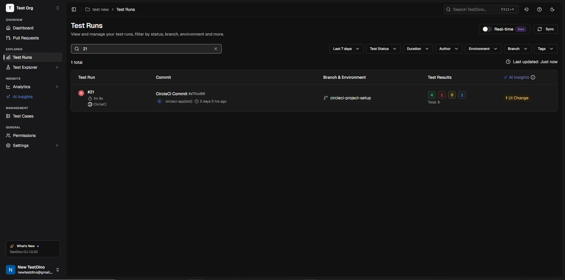 TestDino test run screen showing uploaded results from GitLab CI/CD pipeline