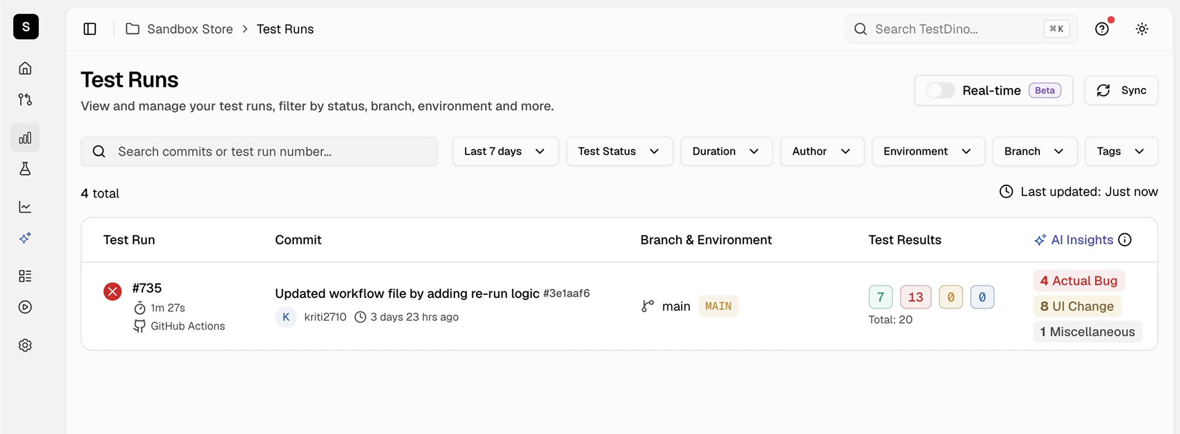 TestDino Test Runs dashboard showing uploaded results from GitHub Actions with pass/fail counts and AI Insights