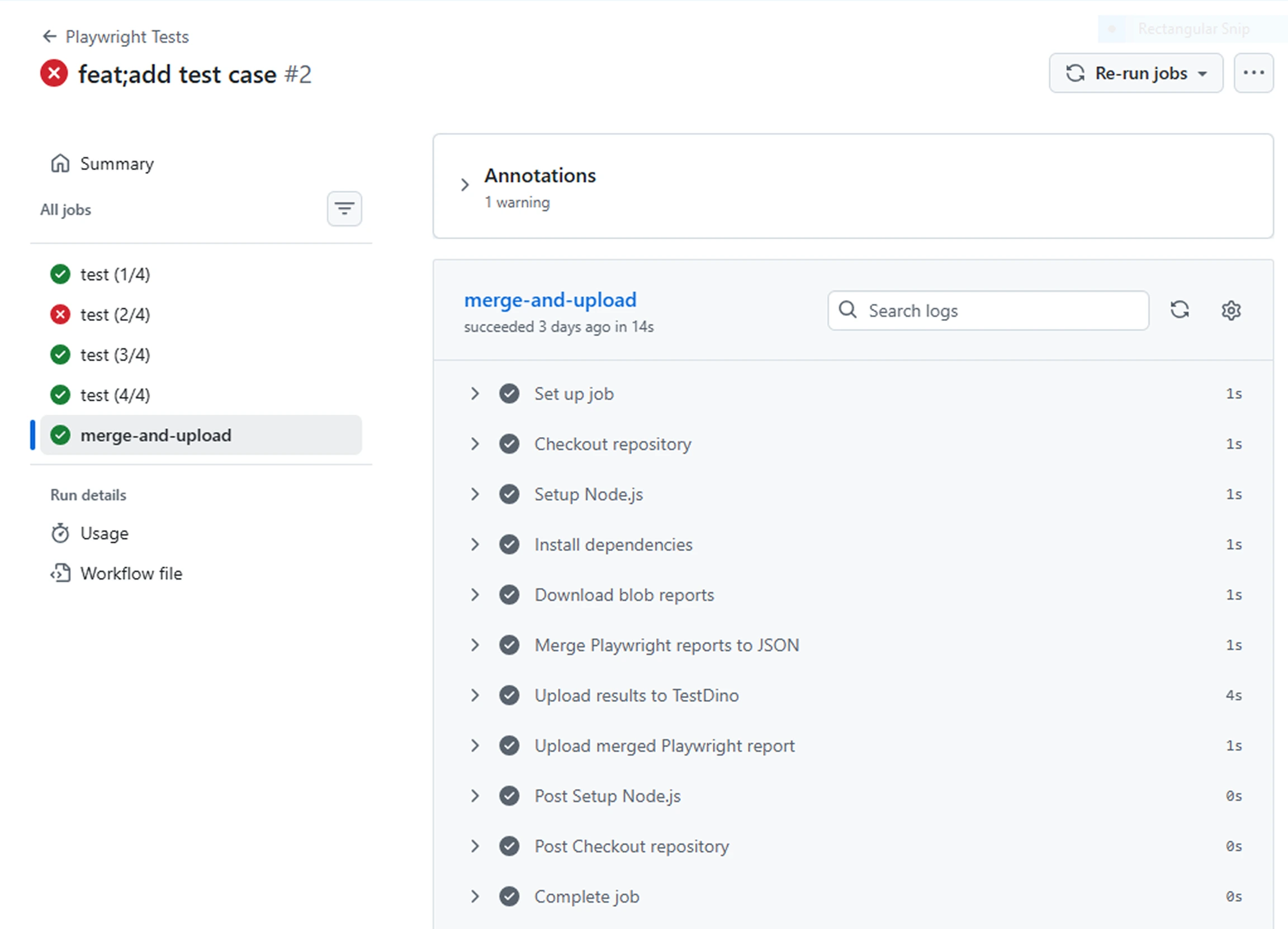 GitHub Actions workflow run showing 4 matrix shard jobs and a passing merge-and-upload job with upload steps visible in the job log