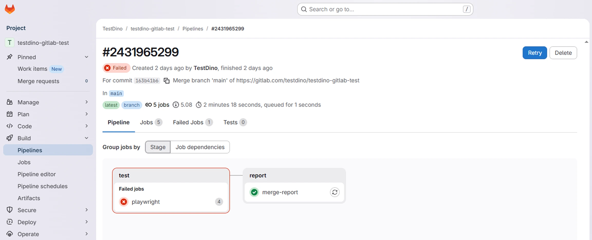 GitLab pipeline view showing 4 parallel playwright shard jobs in the test stage and a passing merge-report job in the report stage
