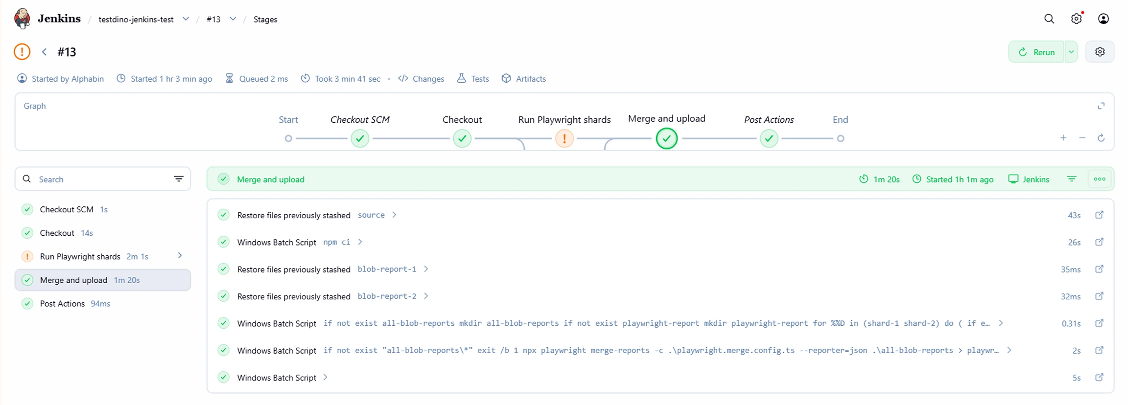 Jenkins pipeline stages view showing Checkout SCM, Checkout, Run Playwright shards (unstable), Merge and upload (passed), and Post Actions stages with step details