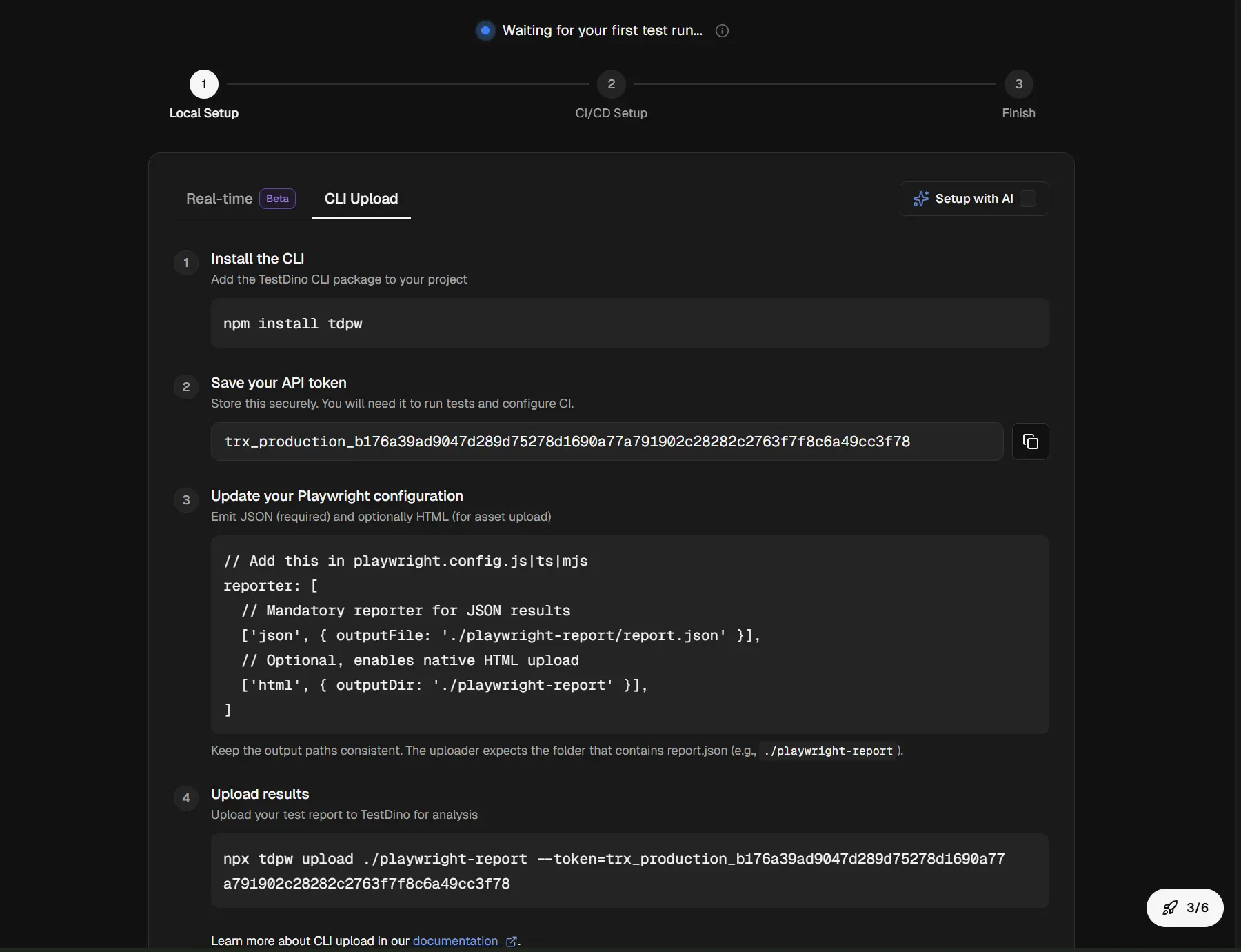 TestDino in-app CLI setup guide showing install, token, reporter config, and upload steps