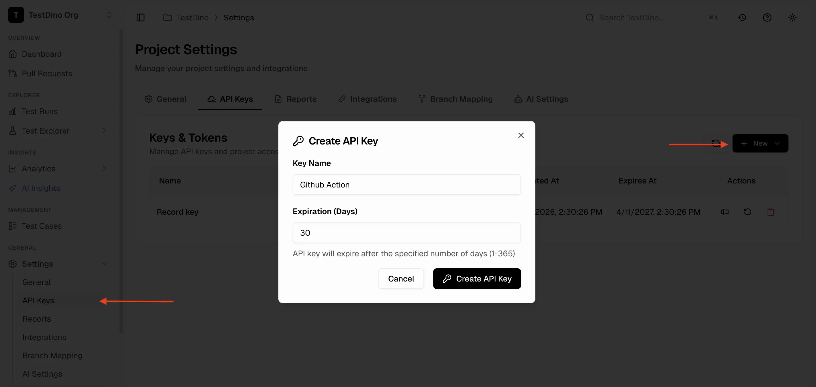 TestDino Project Settings API Keys page showing generated key with copy button