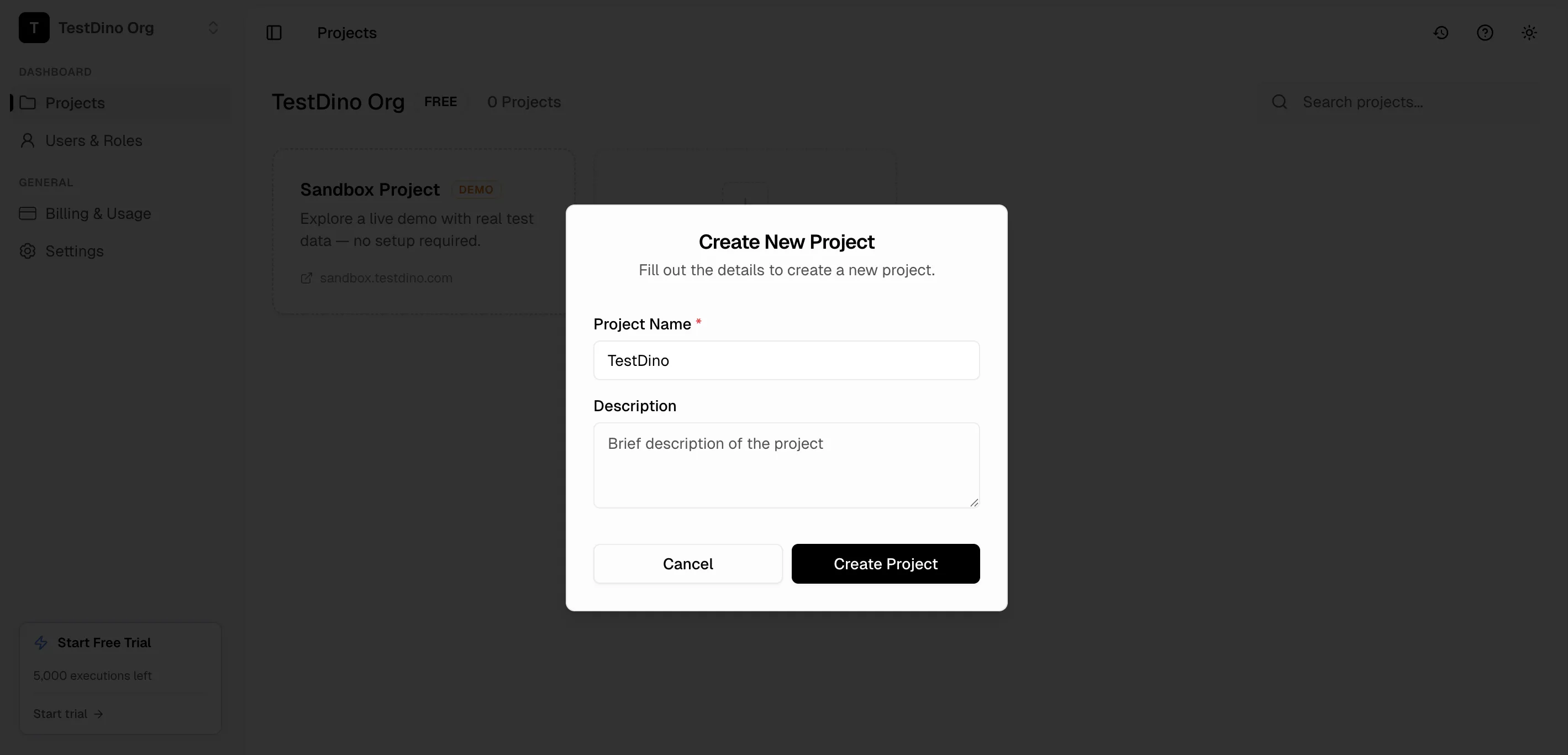 TestDino new project creation screen with project name field