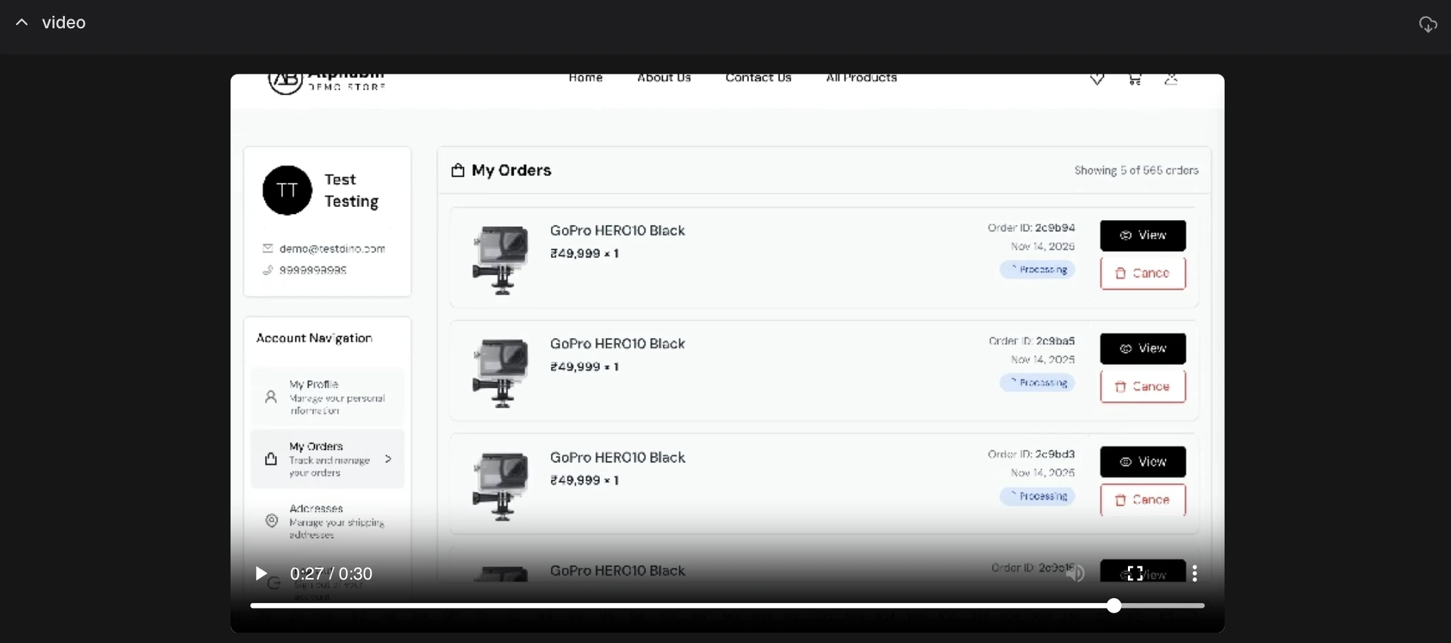 Video player showing test execution with timeline controls