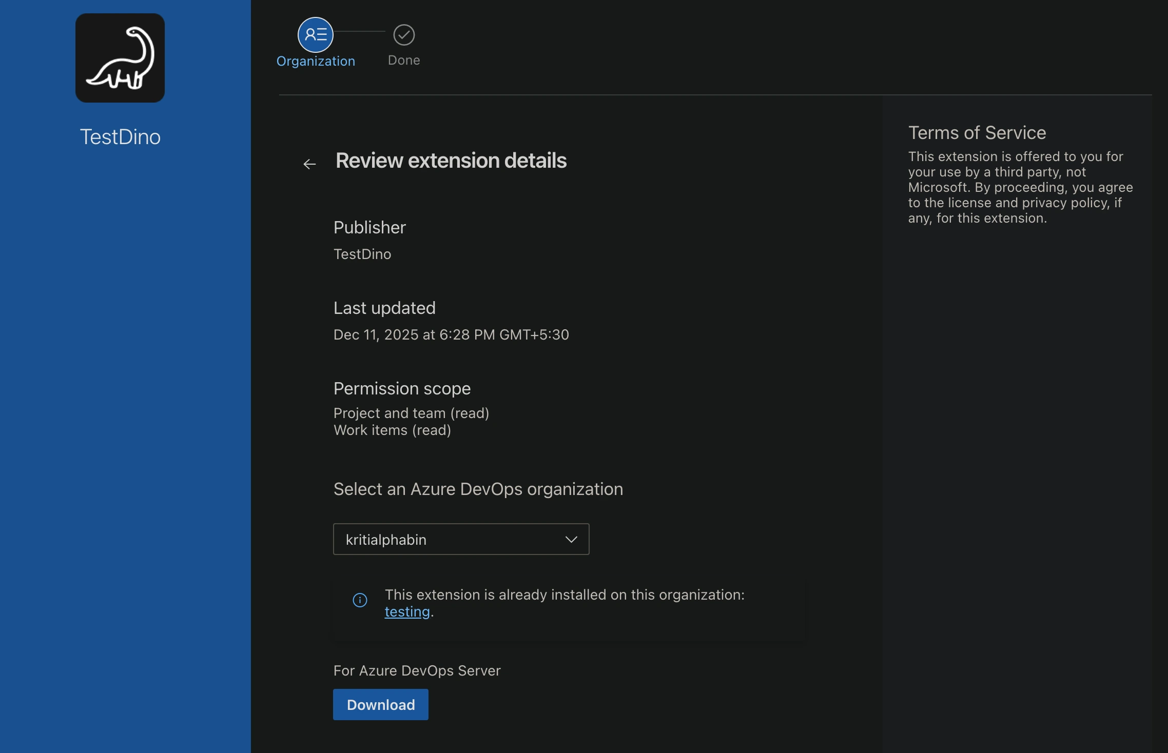 Confirm installation in Azure DevOps