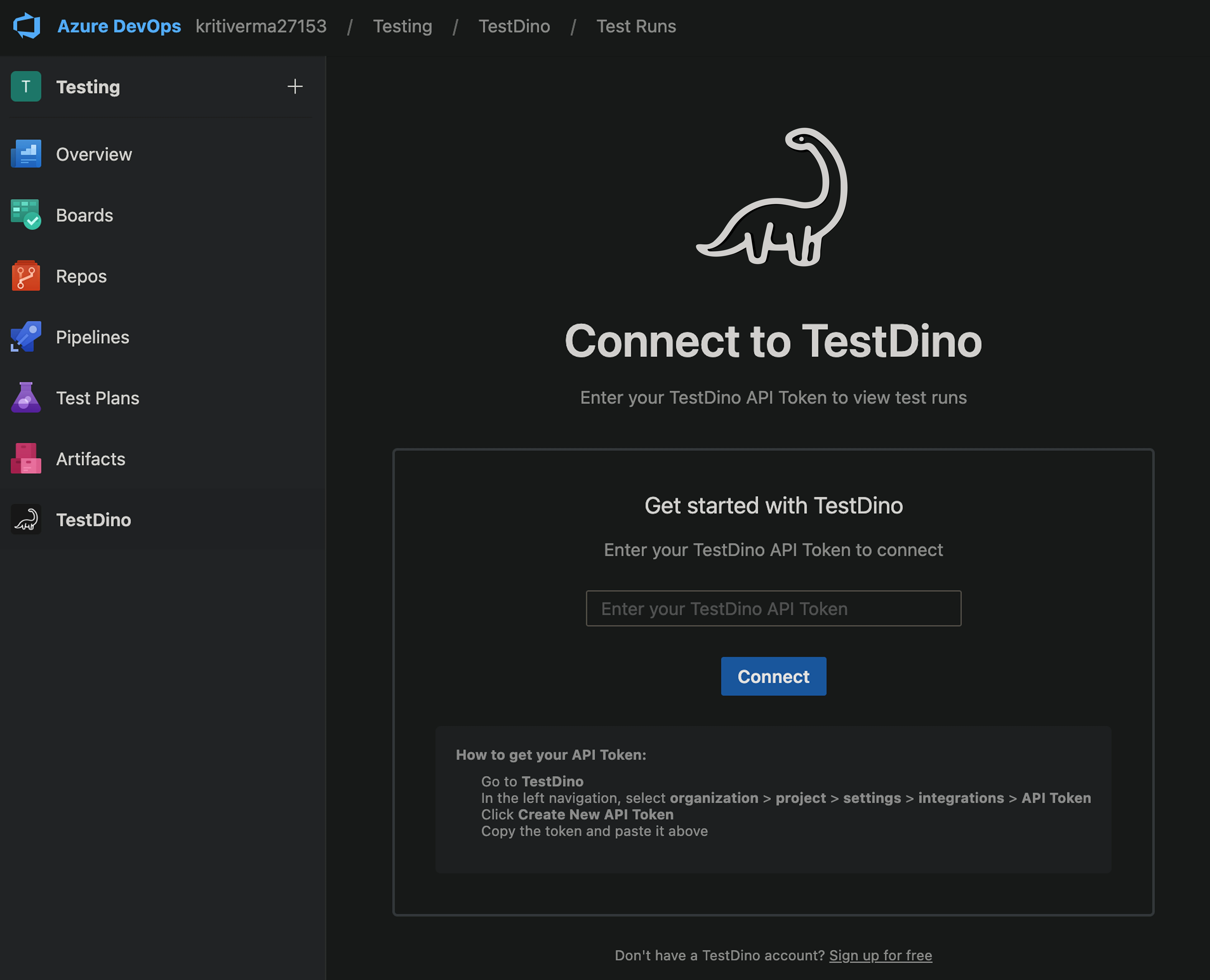 Connect to TestDino screen