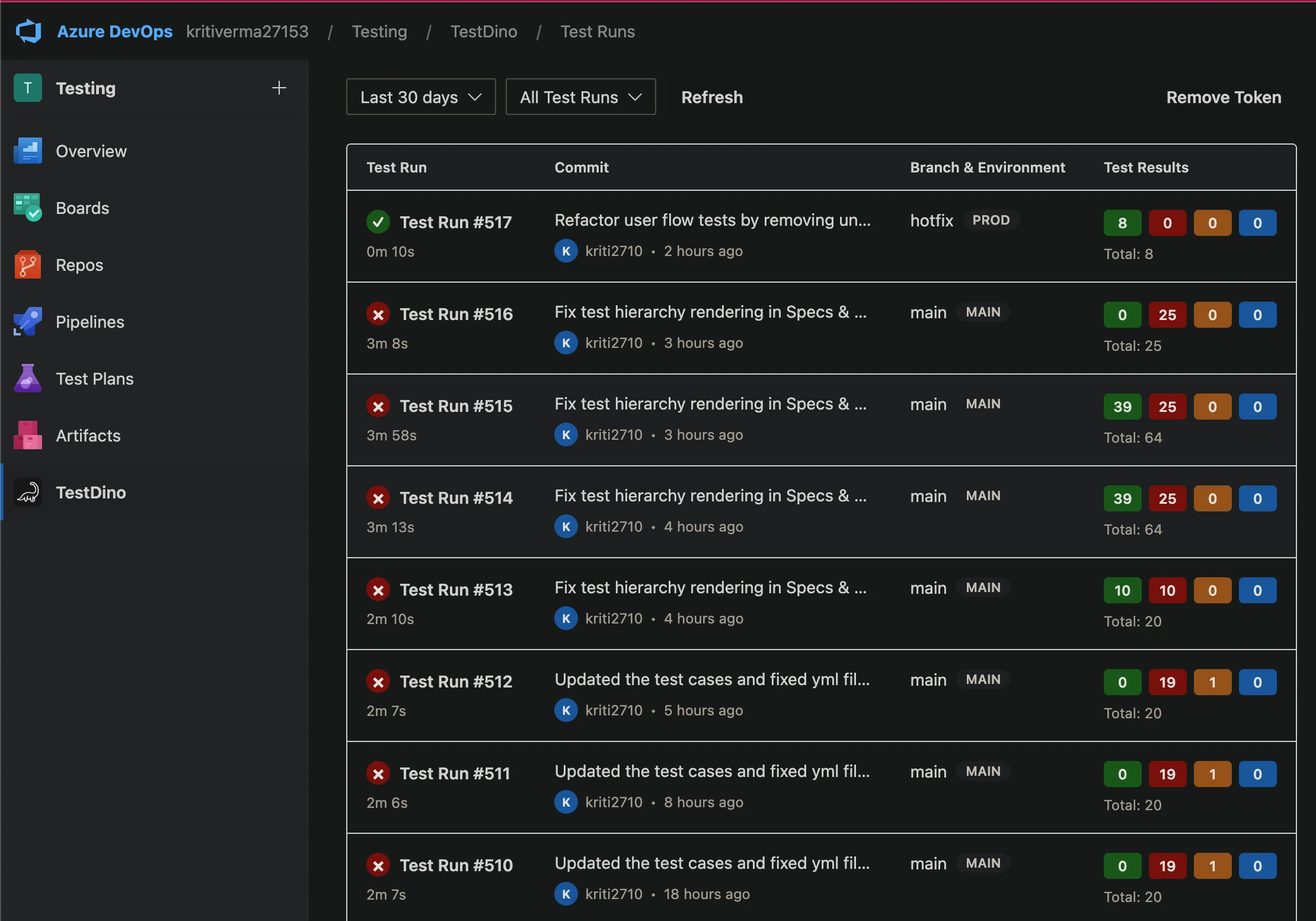 Viewing test runs in Azure DevOps
