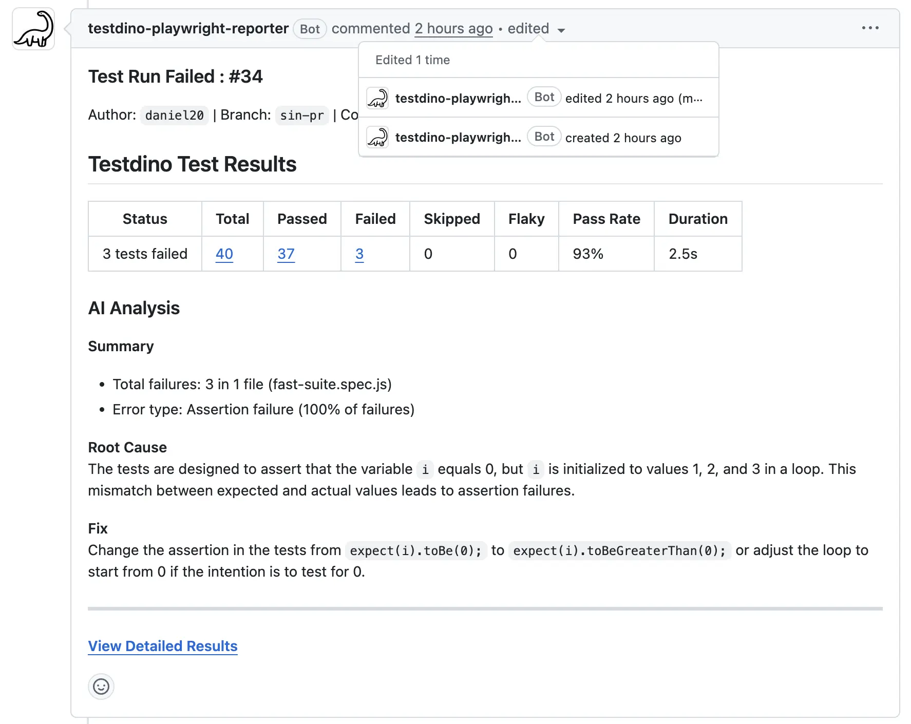 GitHub PR showing a single TestDino summary comment updated in place across multiple test runs