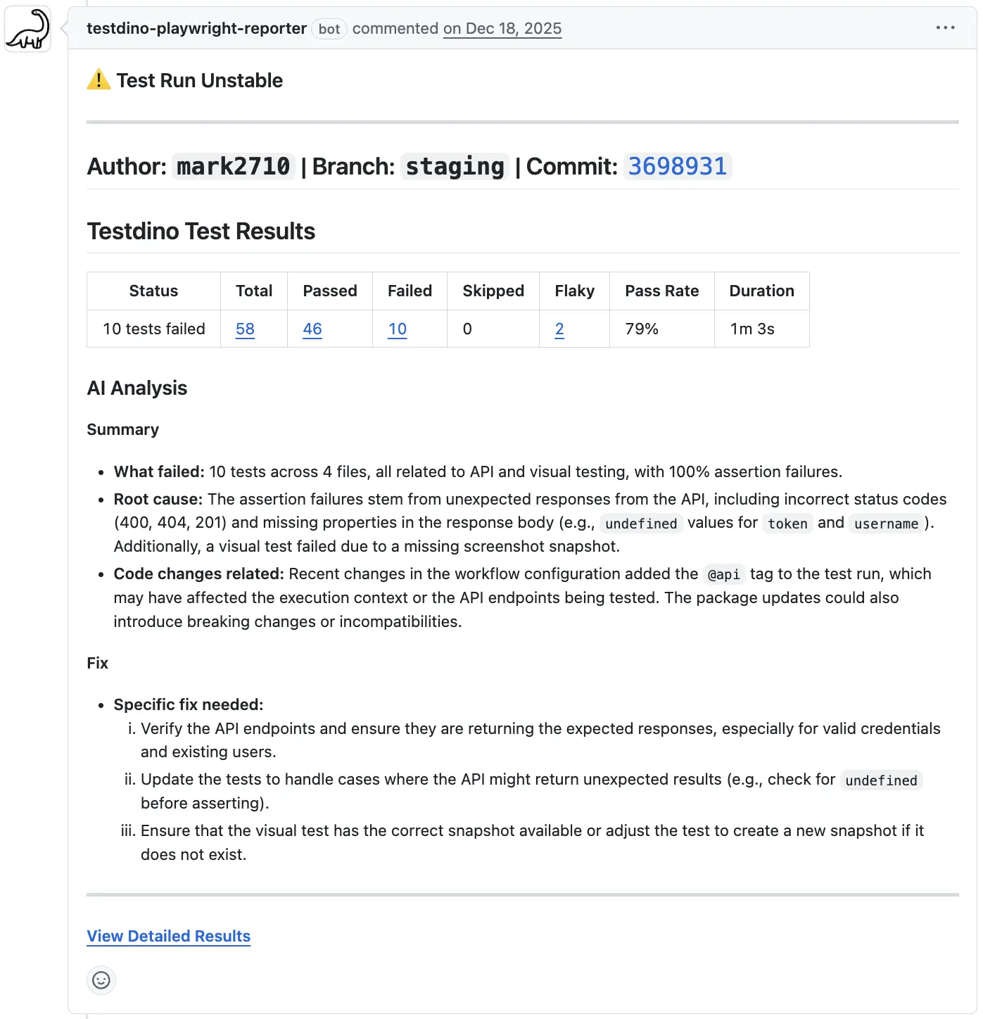 GitHub PR comment showing AI-generated test summary with pass/fail counts and failure analysis