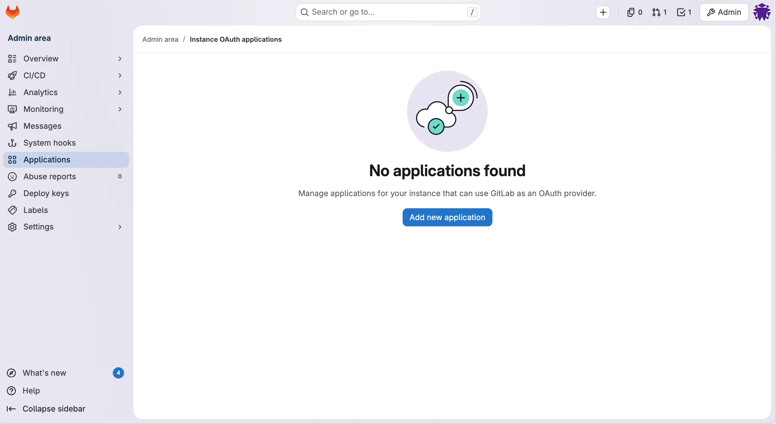 GitLab User Settings Applications page with the Add new application button
