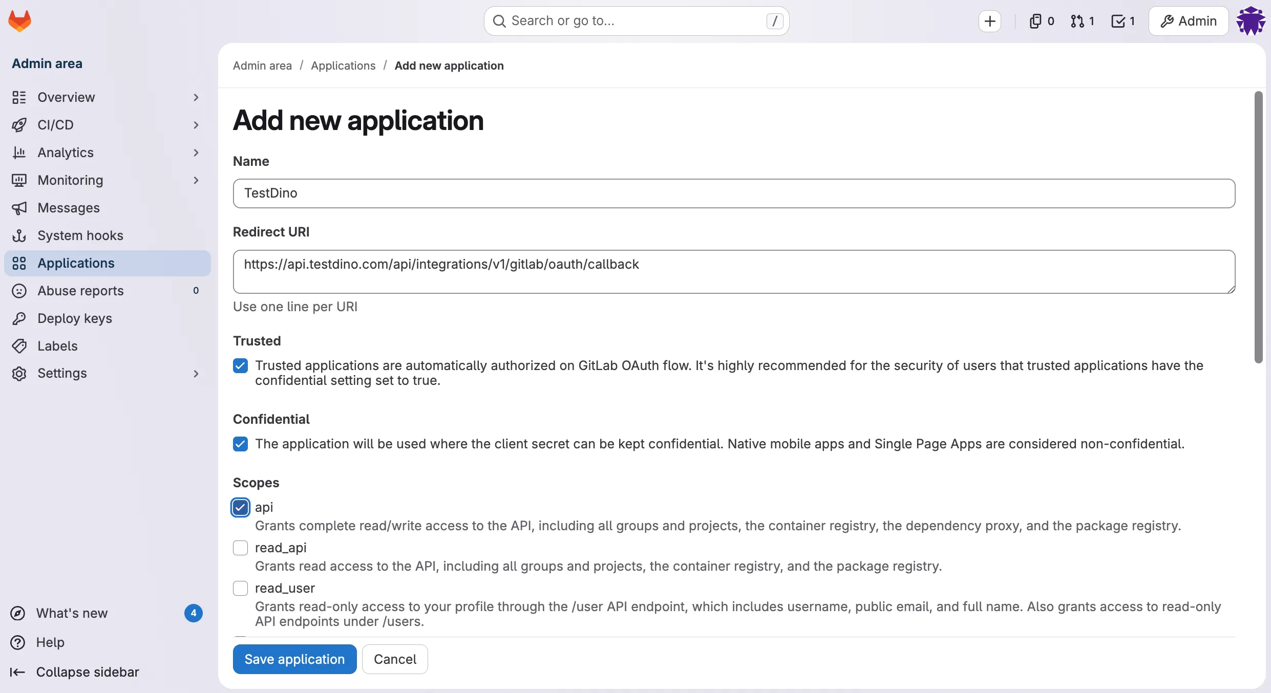 GitLab Add new application form with Name, Redirect URI, Confidential checkbox, and Scopes filled in