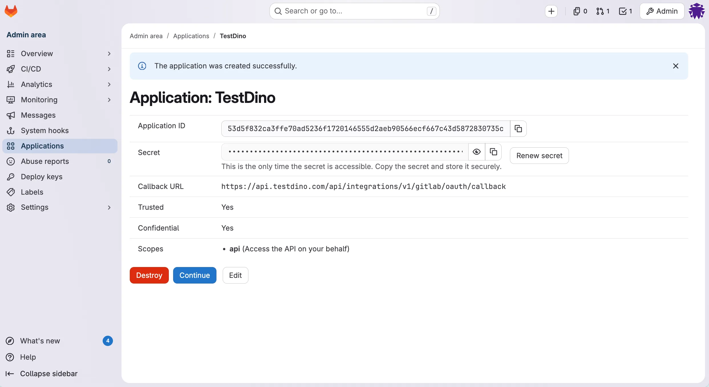 GitLab OAuth application page highlighting the generated Application ID and Secret to copy