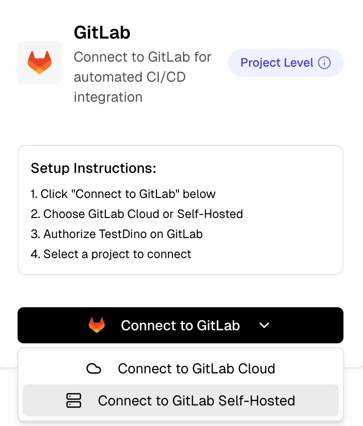 TestDino GitLab card showing the Connect to GitLab button with dropdown expanded to show Cloud and Self-Managed options