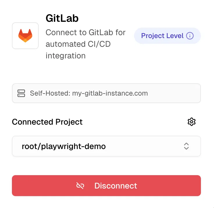 TestDino GitLab card in connected state showing username and self-managed instance URL