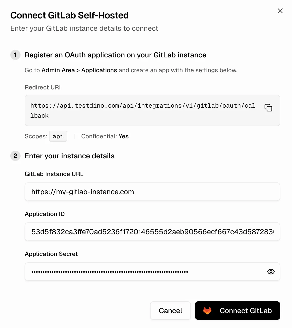Connect GitLab Self-Managed dialog with Instance URL, Application ID, and Application Secret fields filled in