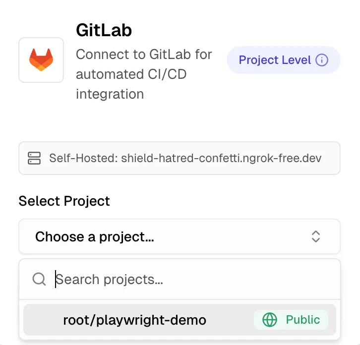 Self-managed GitLab project picker showing projects from the connected instance