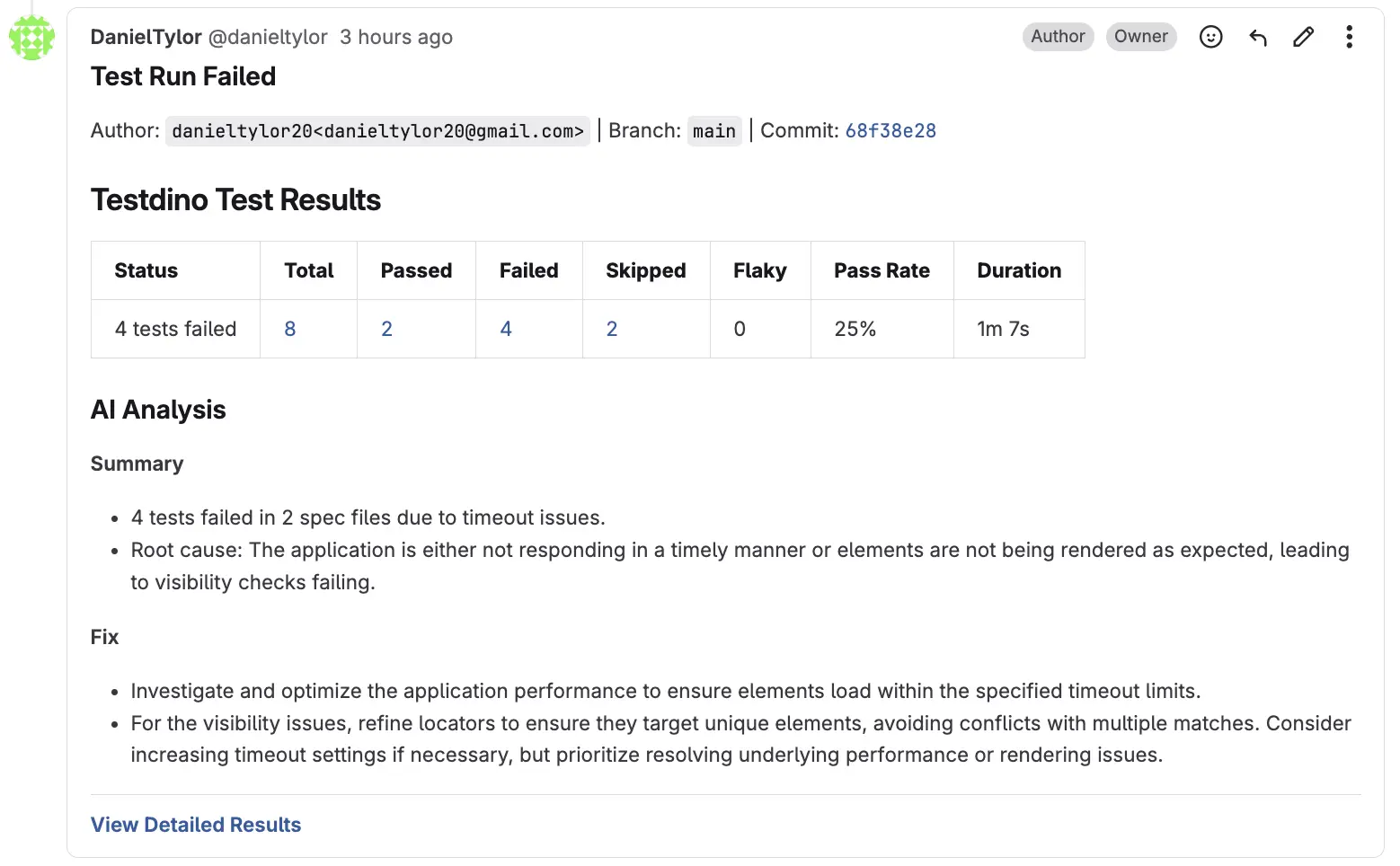 GitLab merge request comment showing AI-generated test summary with pass/fail counts and failure analysis