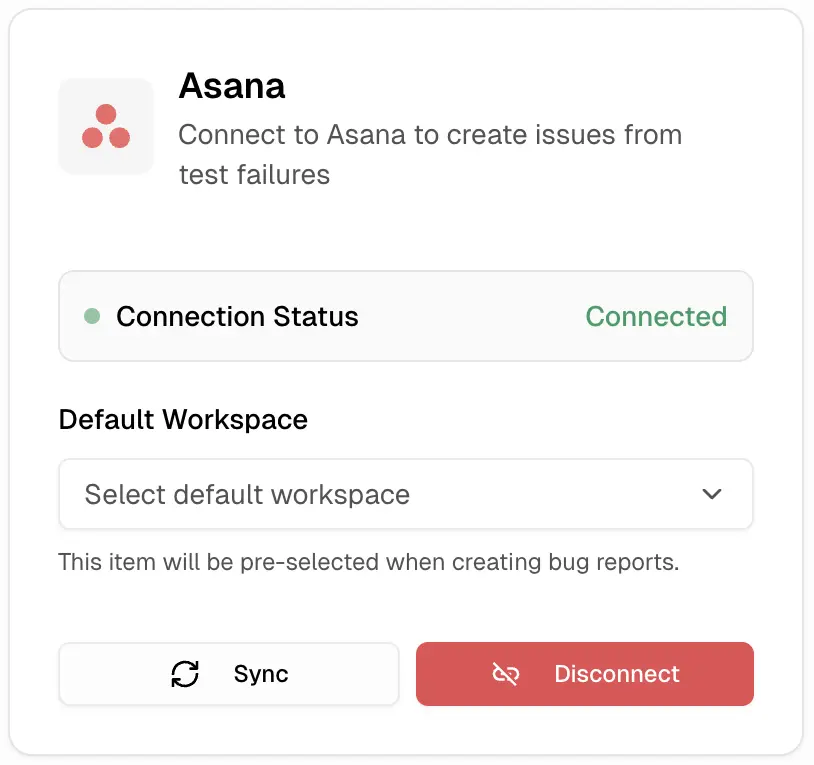 Asana default configuration in TestDino showing workspace selector
