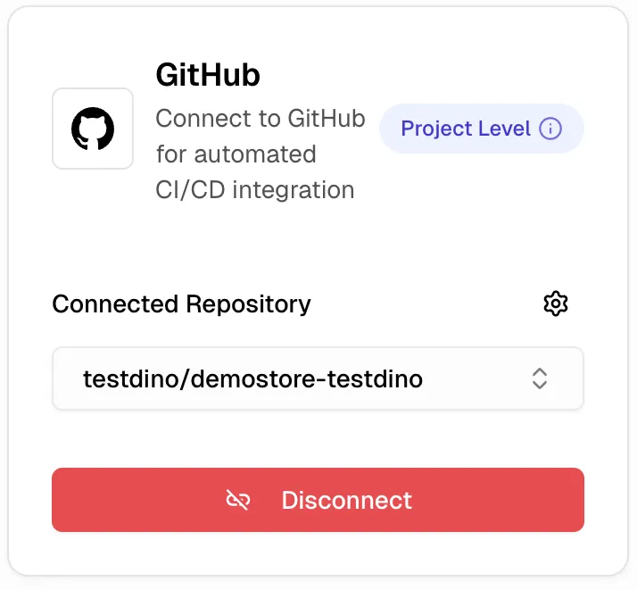 TestDino Settings Integrations page showing GitHub card in connected state with repo name and organization