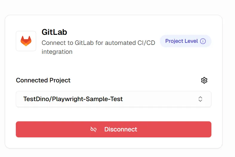 TestDino Settings showing GitLab card in connected state with repo name and gear icon