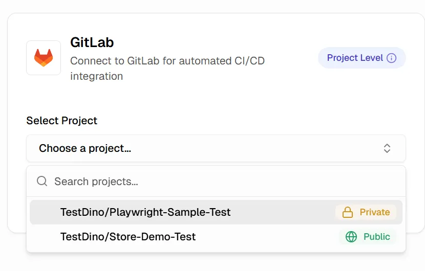 TestDino repository selection screen listing GitLab repos available to connect