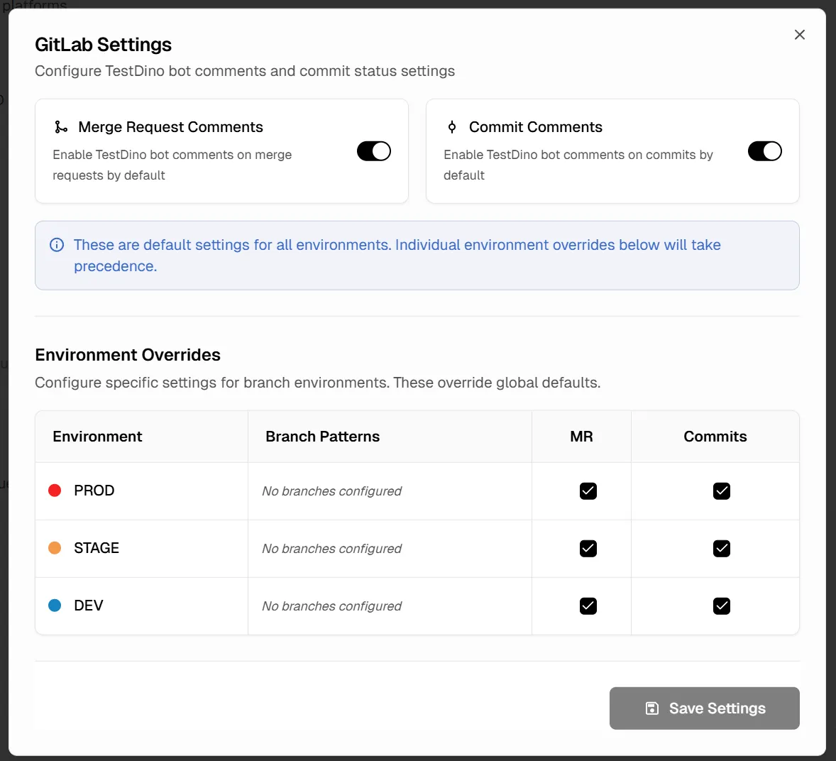 GitLab Settings panel showing MR and commit comment toggles with environment overrides table