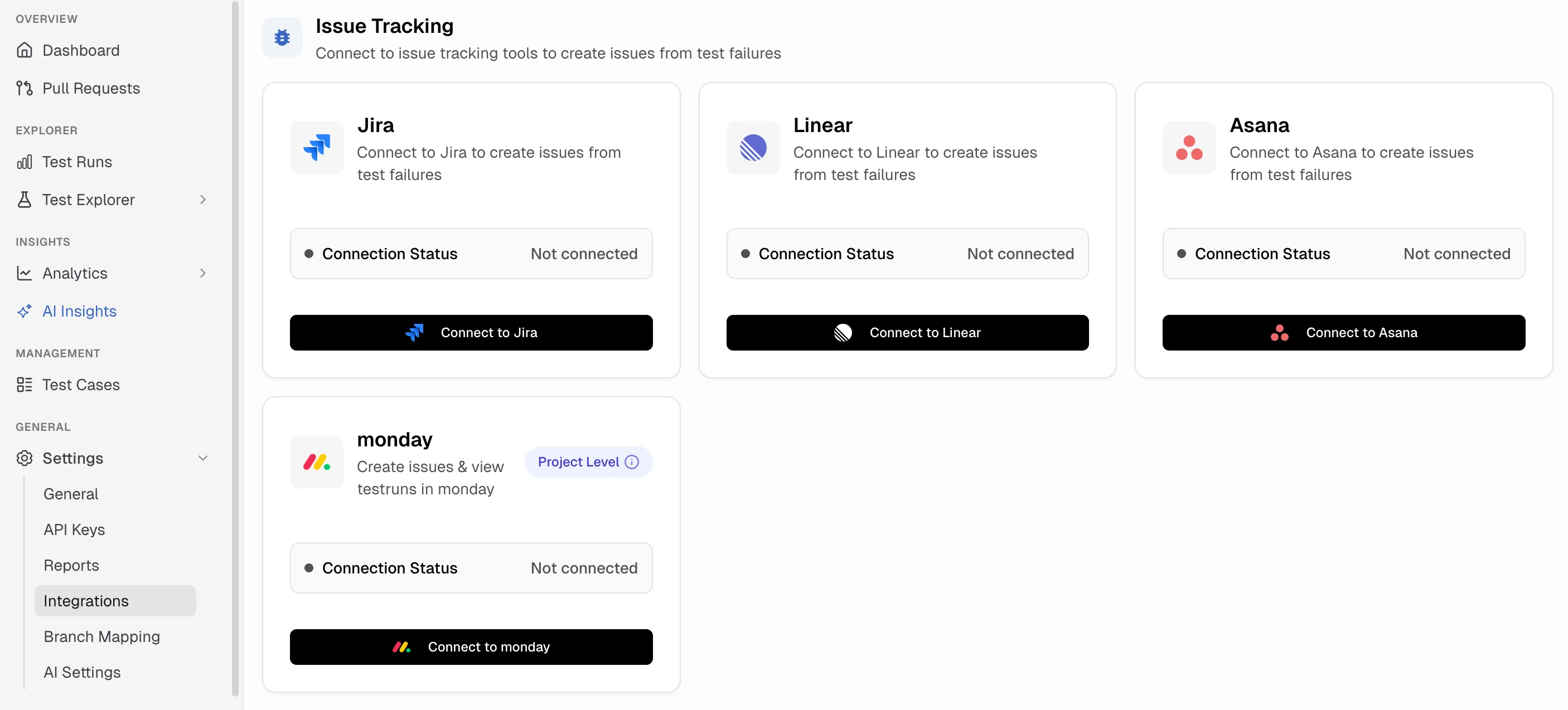 TestDino Settings → Integrations page showing all issue tracking cards with Connect buttons
