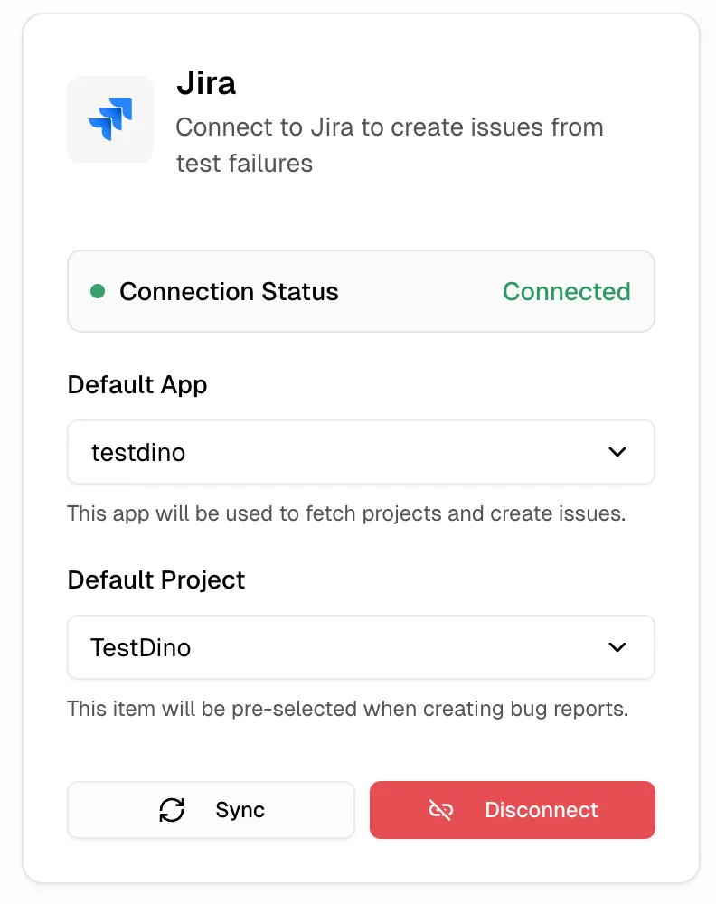 Jira connected configuration in TestDino showing default app, project, and sync/disconnect options
