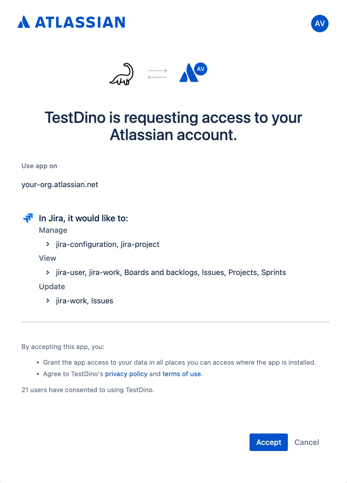 Atlassian OAuth authorization screen showing TestDino requesting Jira access