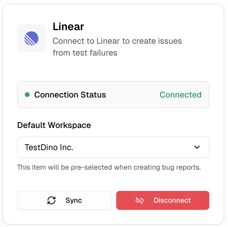 Linear connected configuration in TestDino showing default workspace selector, sync, and disconnect options