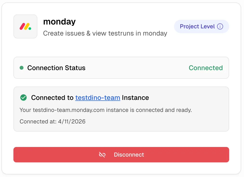 monday integration card showing connected status with workspace instance