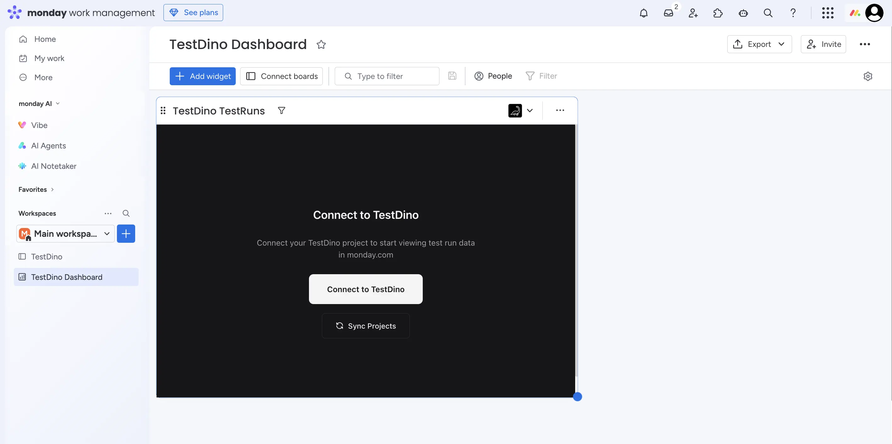 TestDino widget showing Connect to TestDino prompt when not yet connected to a project