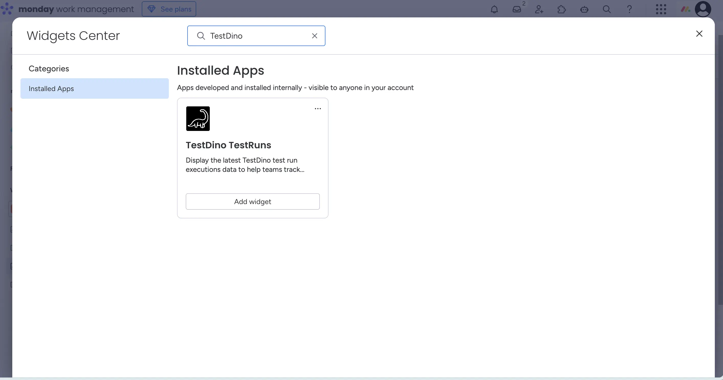 Adding TestDino TestRuns widget from monday dashboard Add Widget menu