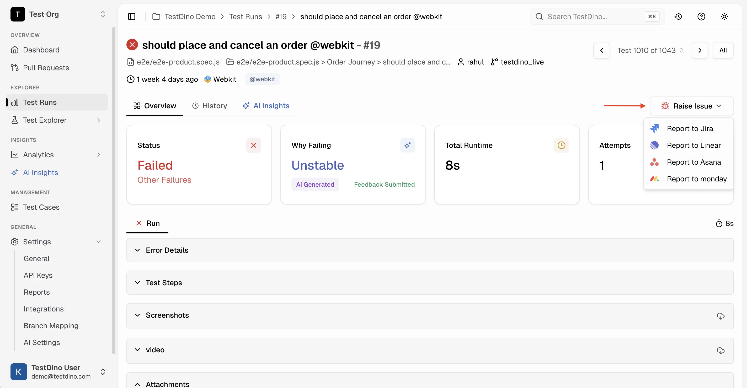 Raise Issue button showing connected issue tracking integrations to select from