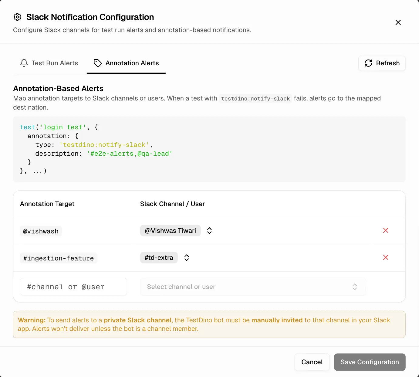Annotation Alerts tab showing annotation targets mapped to Slack channels and users